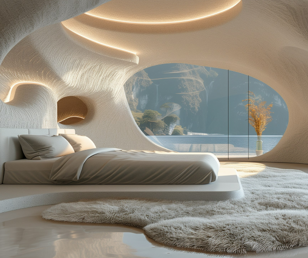 Futuristic bedroom with large window view.